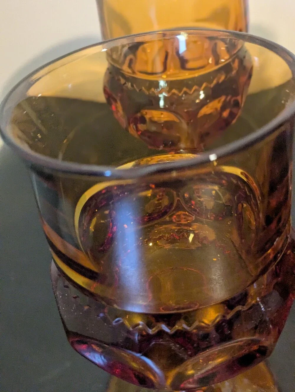 Indiana Amber Pedestal Kings Crown Thumbprint 8 Ounces Glasses Set Of Six